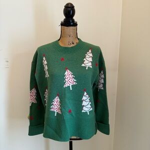 Festive Green Holiday Sweater with Christmas Tree Design